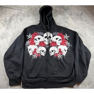 Social Collision Skull Roses Zip Hoodie Black Mens M Graphic